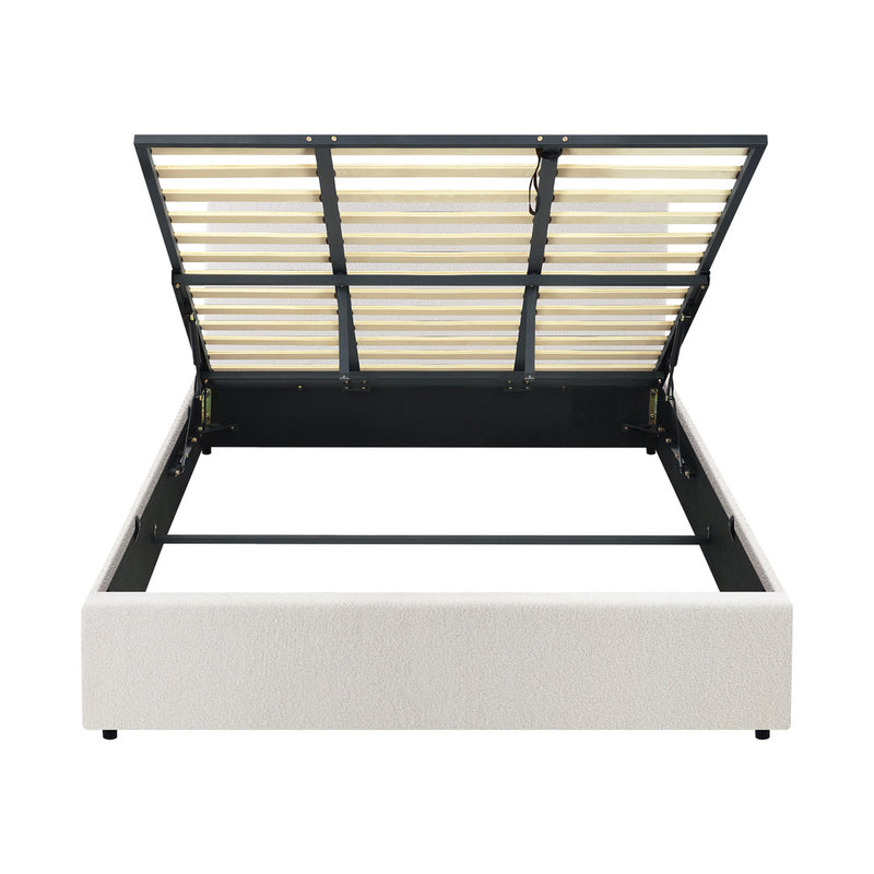 Oikiture King Bed Frame Gas Lift Storage Base White Boucle