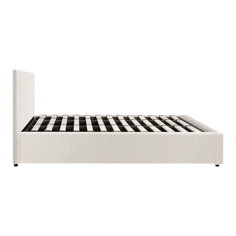 Oikiture King Bed Frame Gas Lift Storage Base White Boucle