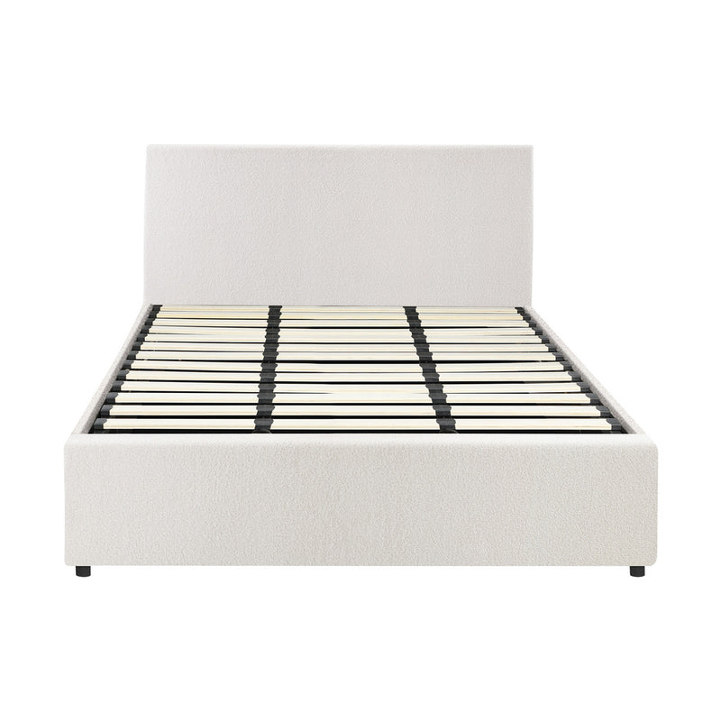 Oikiture King Bed Frame Gas Lift Storage Base White Boucle