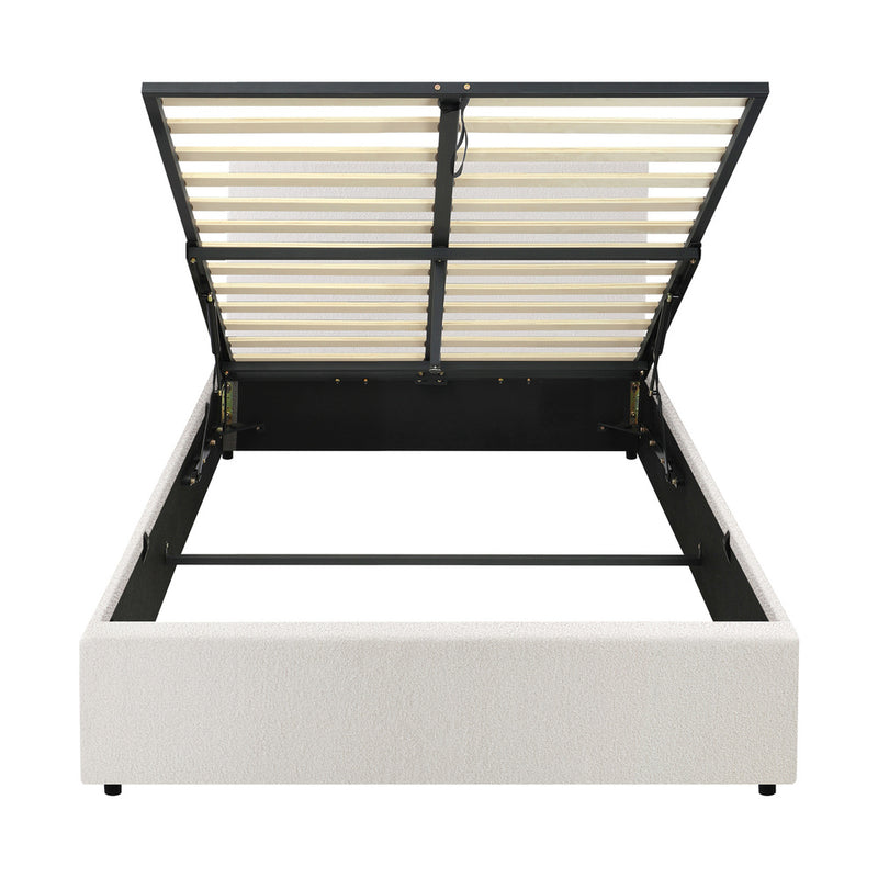 Oikiture Bed Frame King Single Gas Lift Storage Base White Boucle
