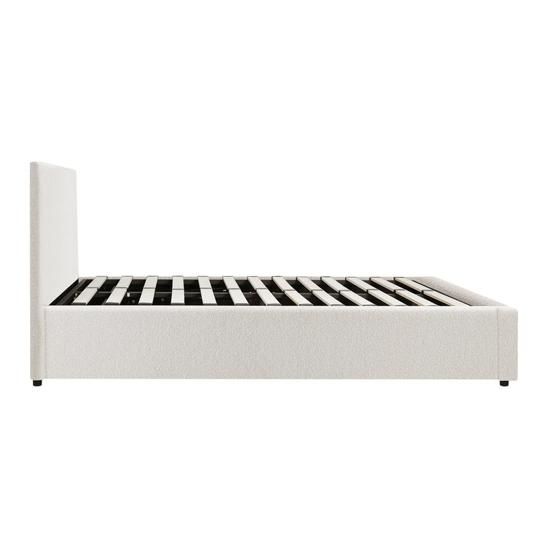 Oikiture Bed Frame King Single Gas Lift Storage Base White Boucle