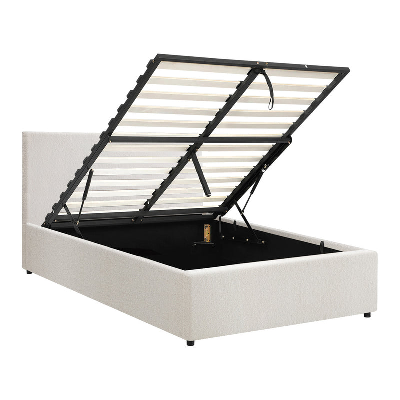 Oikiture Bed Frame King Single Gas Lift Storage Base White Boucle