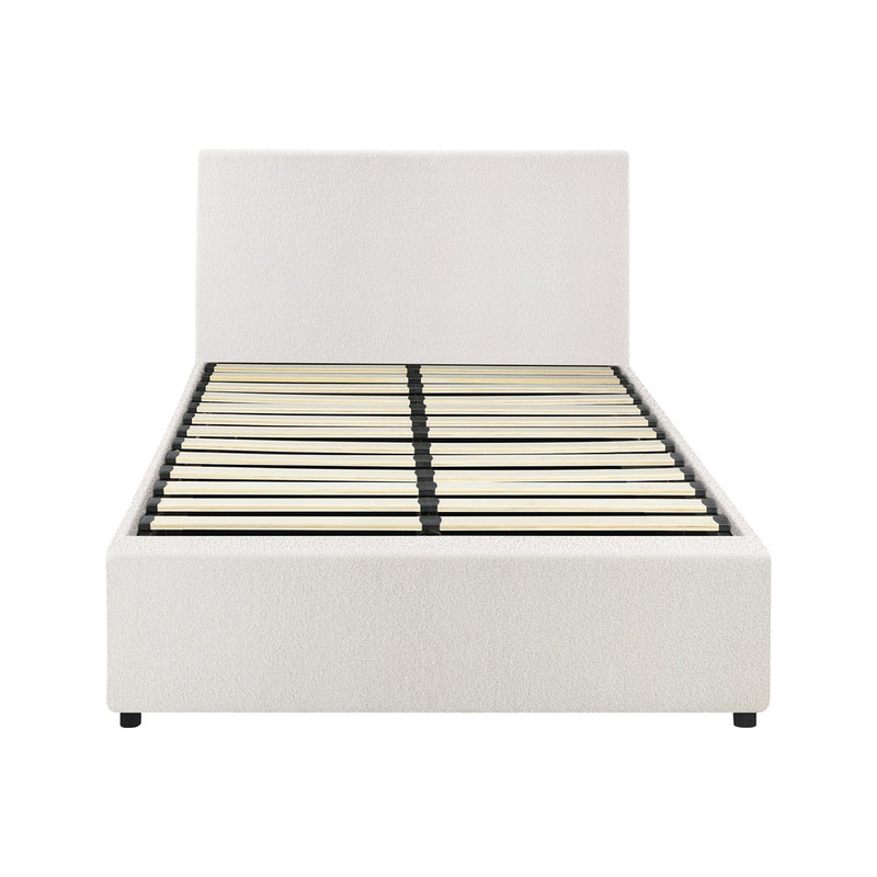 Oikiture Bed Frame King Single Gas Lift Storage Base White Boucle