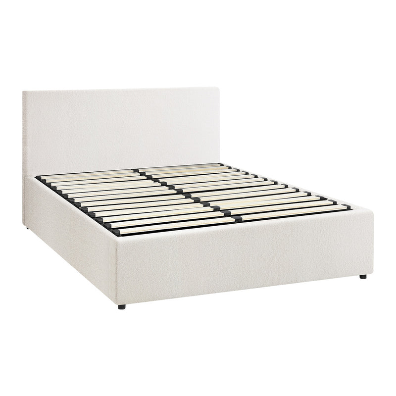 Oikiture Queen Bed Frame Gas Lift Storage Base White Boucle