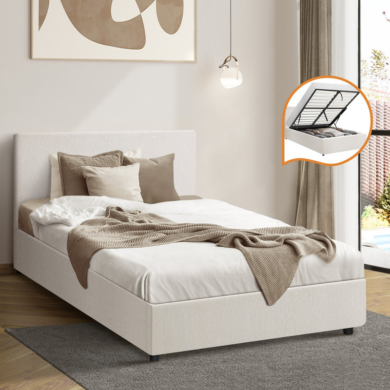 Oikiture Single Bed Frame Gas Lift Storage Base White Boucle