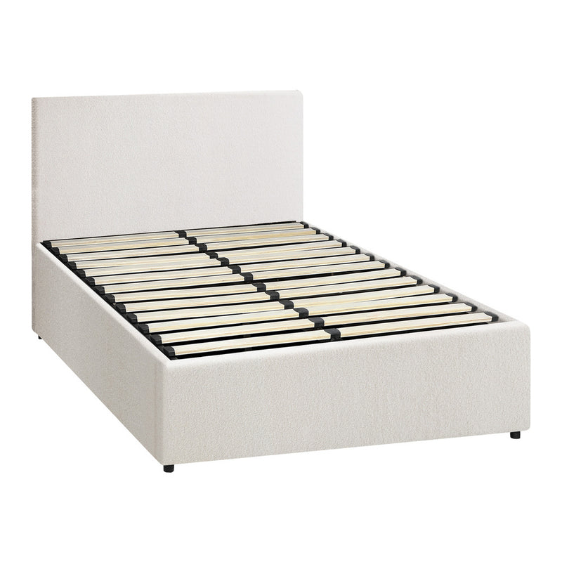 Oikiture Single Bed Frame Gas Lift Storage Base White Boucle