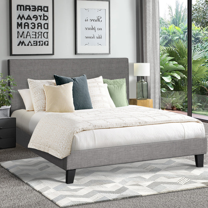Oikiture Bed Frame Double Size Wooden Slats Grey Fabric