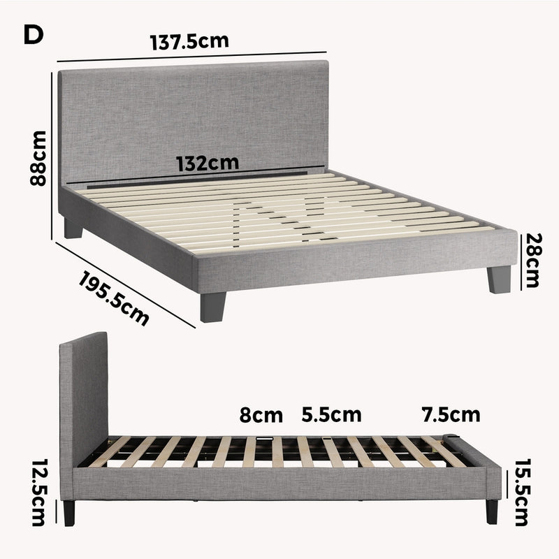 Oikiture Bed Frame Double Size Wooden Slats Grey Fabric