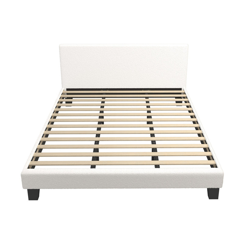Oikiture King Bed Frame Wooden Slats Boucle Fabric White