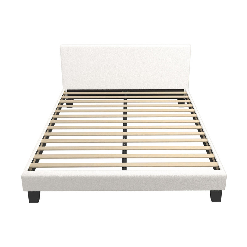 Oikiture Queen Bed Frame Wooden Slats Boucle Fabric White