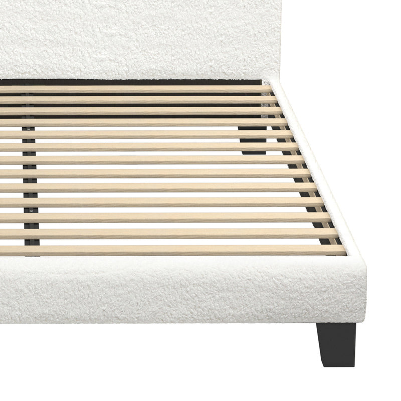 Oikiture Queen Bed Frame Wooden Slats Boucle Fabric White