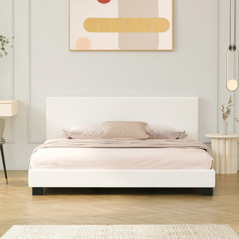 Oikiture Queen Bed Frame Wooden Slats Boucle Fabric White