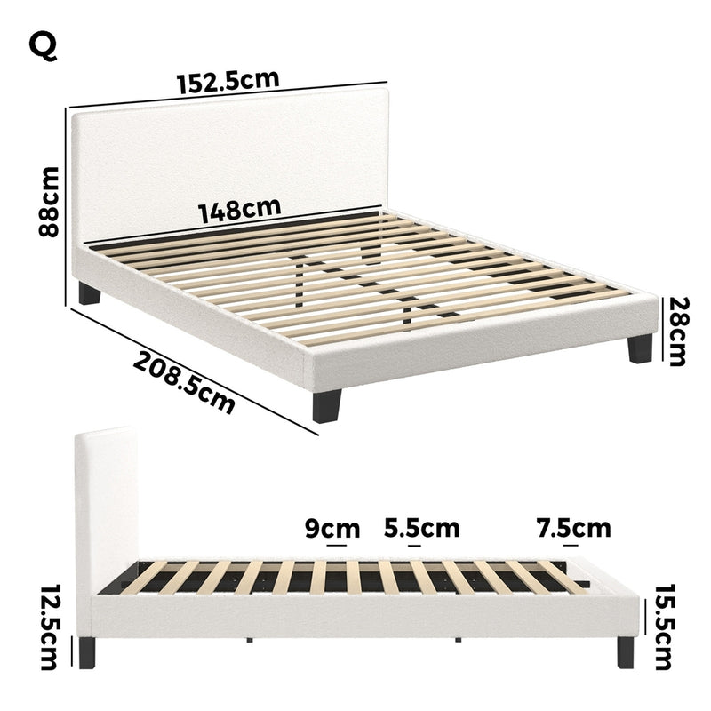 Oikiture Queen Bed Frame Wooden Slats Boucle Fabric White