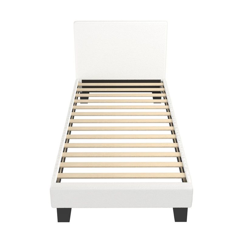 Oikiture Single Bed Frame Wooden Slats Boucle Fabric White