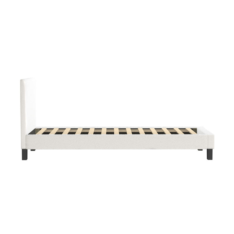Oikiture Single Bed Frame Wooden Slats Boucle Fabric White