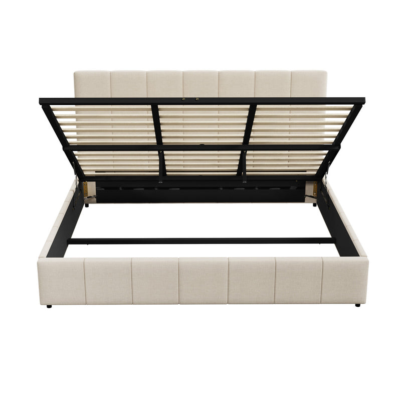Oikiture Bed Frame King Size Gas Lift Base Beige Fabric