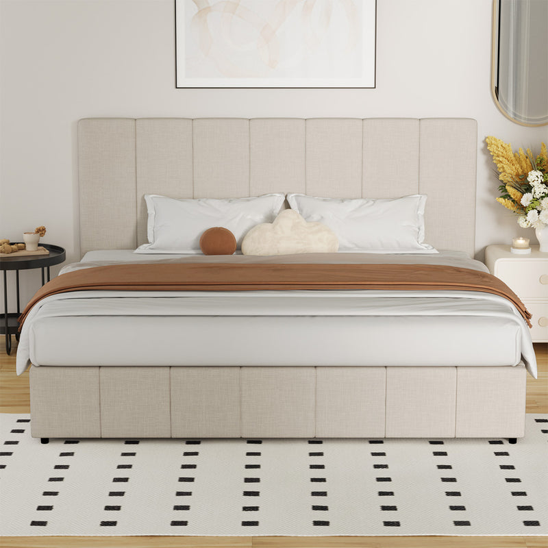 Oikiture Bed Frame King Size Gas Lift Base Beige Fabric