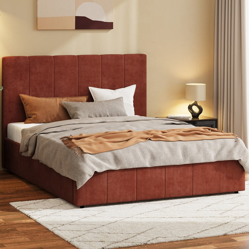 Oikiture Queen Bed Frame Gas Lift Mattress Base Fluted Headboard Rust