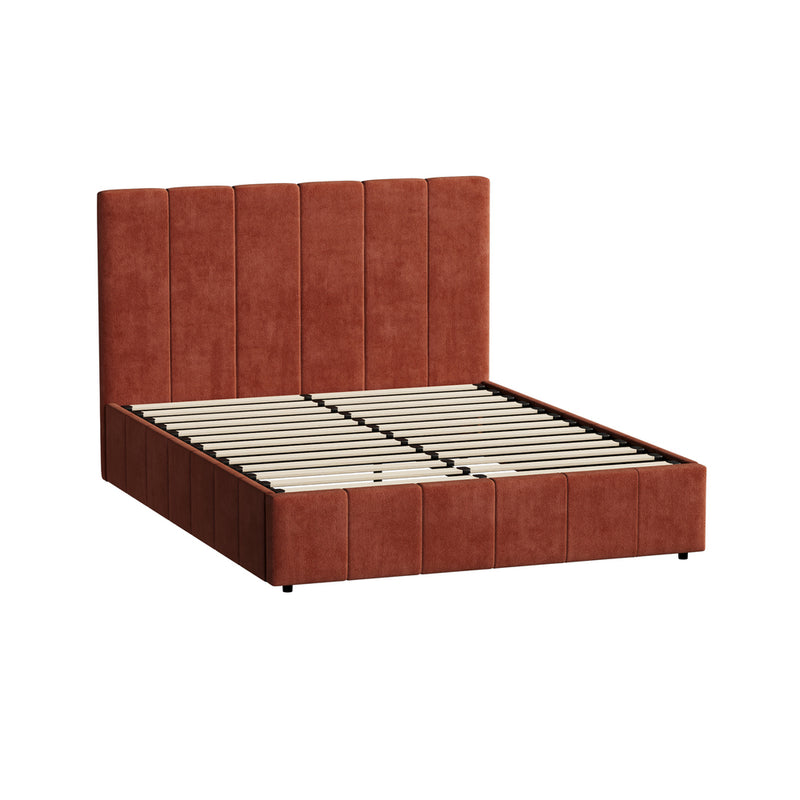 Oikiture Queen Bed Frame Gas Lift Mattress Base Fluted Headboard Rust