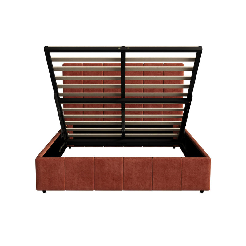 Oikiture Queen Bed Frame Gas Lift Mattress Base Fluted Headboard Rust