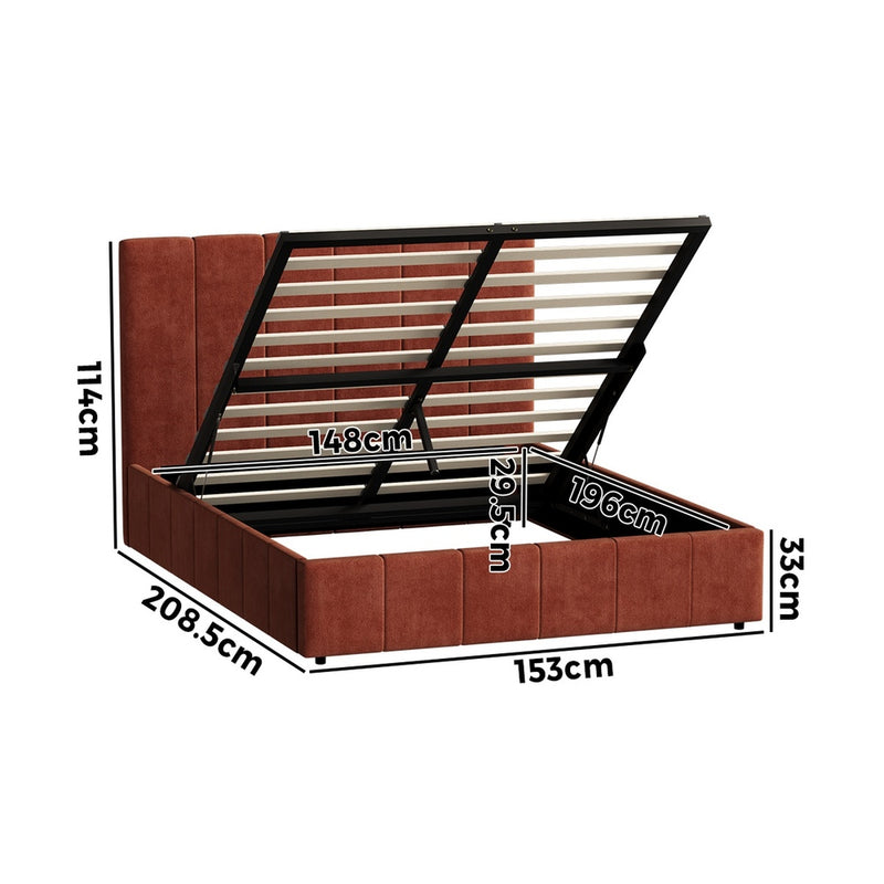 Oikiture Queen Bed Frame Gas Lift Mattress Base Fluted Headboard Rust