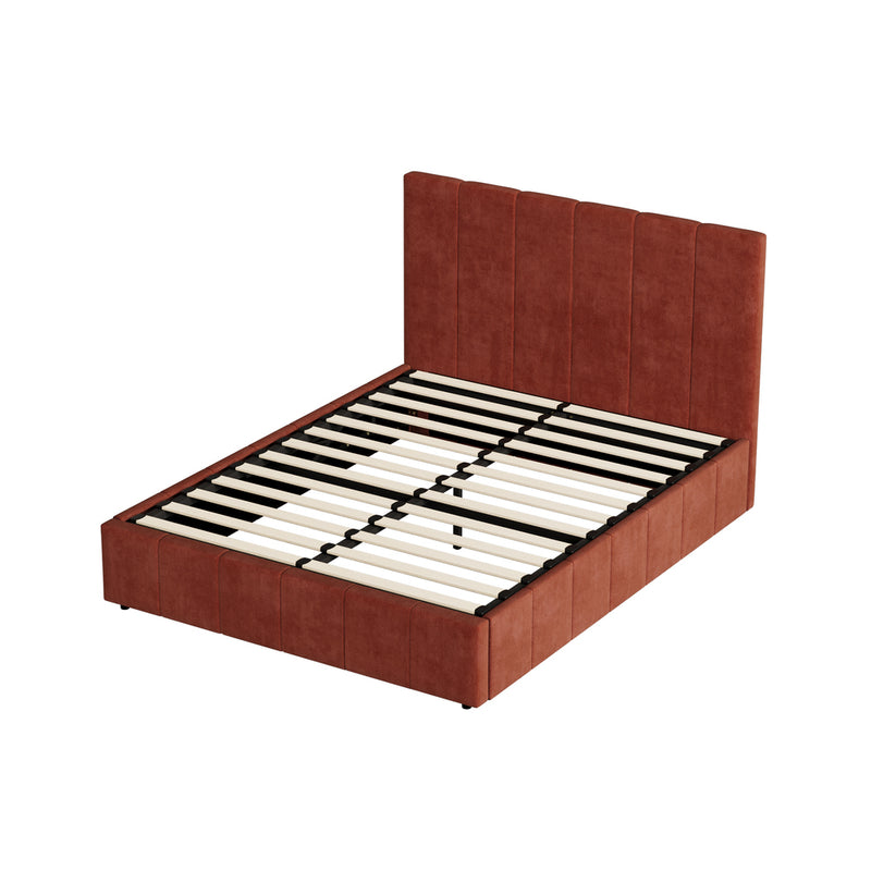 Oikiture Queen Bed Frame Gas Lift Mattress Base Fluted Headboard Rust