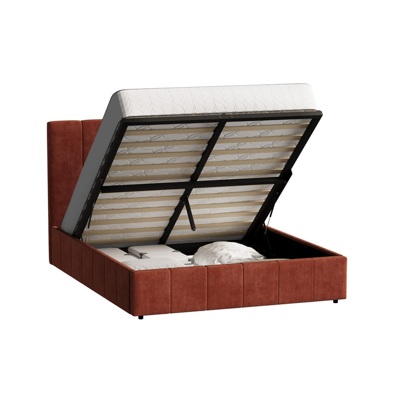 Oikiture Queen Bed Frame Gas Lift Mattress Base Fluted Headboard Rust