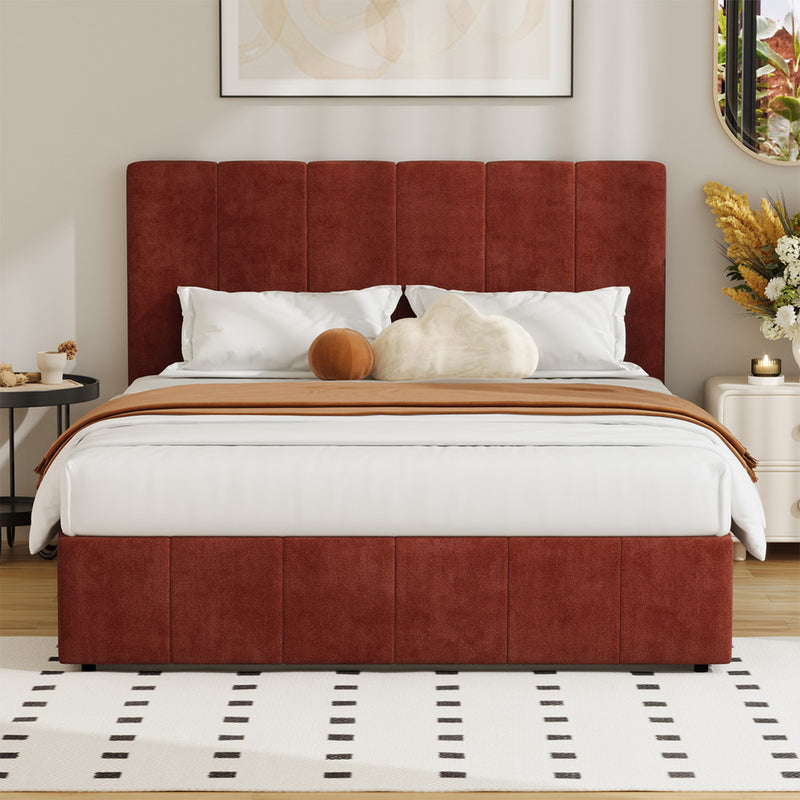 Oikiture Queen Bed Frame Gas Lift Mattress Base Fluted Headboard Rust