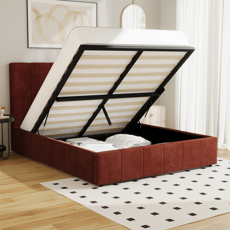 Oikiture Queen Bed Frame Gas Lift Mattress Base Fluted Headboard Rust