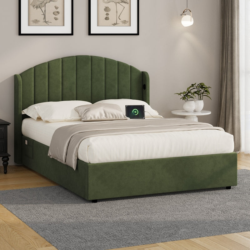 Oikiture Bed Frame Double With Gas Lift Storage USB Charging Velvet