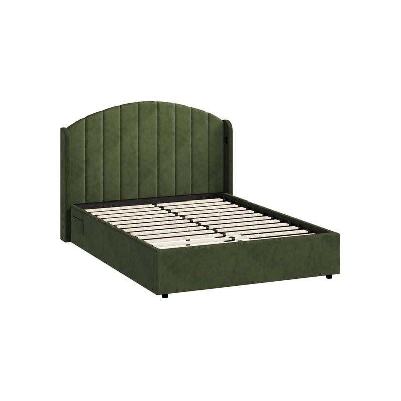 Oikiture Bed Frame Double With Gas Lift Storage USB Charging Velvet