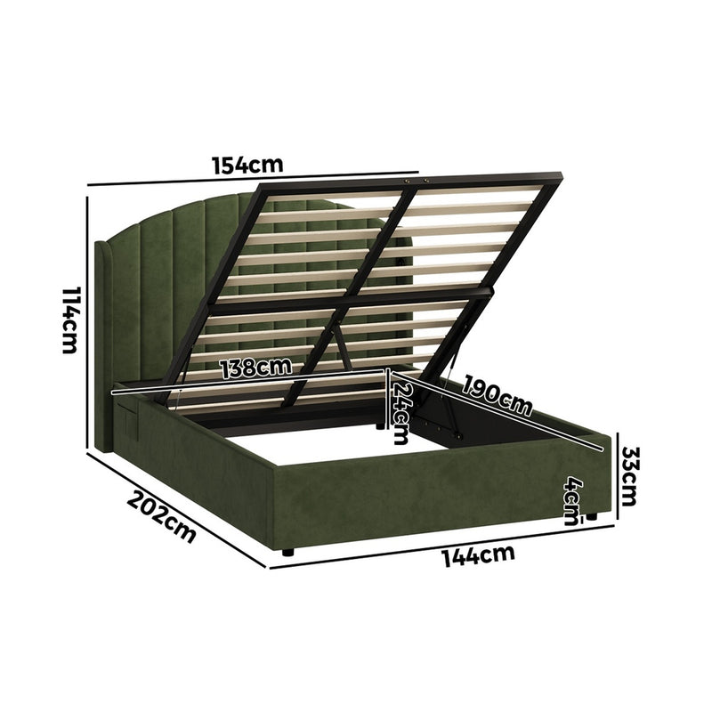 Oikiture Bed Frame Double With Gas Lift Storage USB Charging Velvet