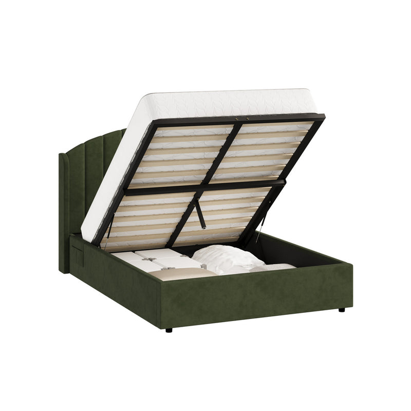 Oikiture Bed Frame Double With Gas Lift Storage USB Charging Velvet