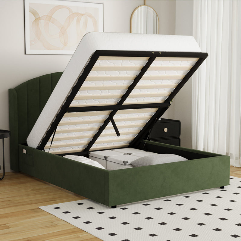 Oikiture Bed Frame Double With Gas Lift Storage USB Charging Velvet
