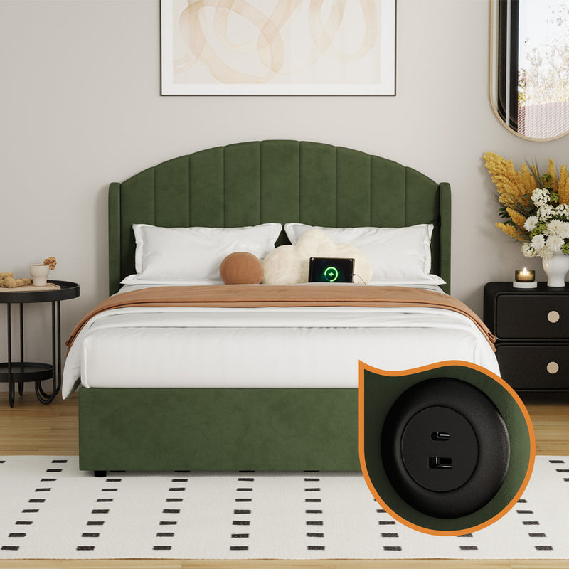 Oikiture Bed Frame Double With Gas Lift Storage USB Charging Velvet