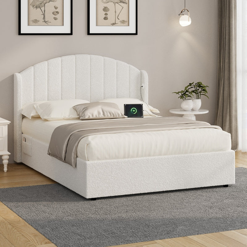Oikiture Bed Frame Double With Gas Lift Storage USB Charging Boucle