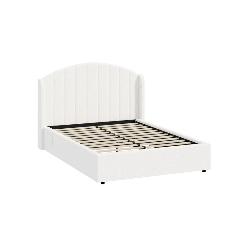 Oikiture Bed Frame Double With Gas Lift Storage USB Charging Boucle
