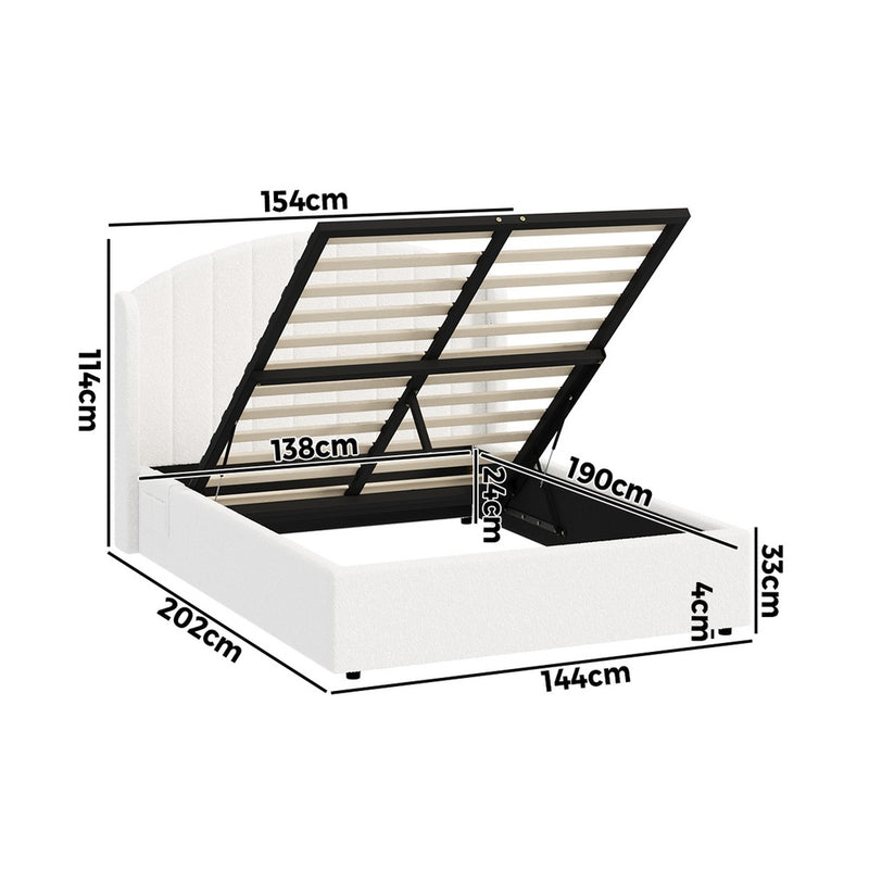 Oikiture Bed Frame Double With Gas Lift Storage USB Charging Boucle