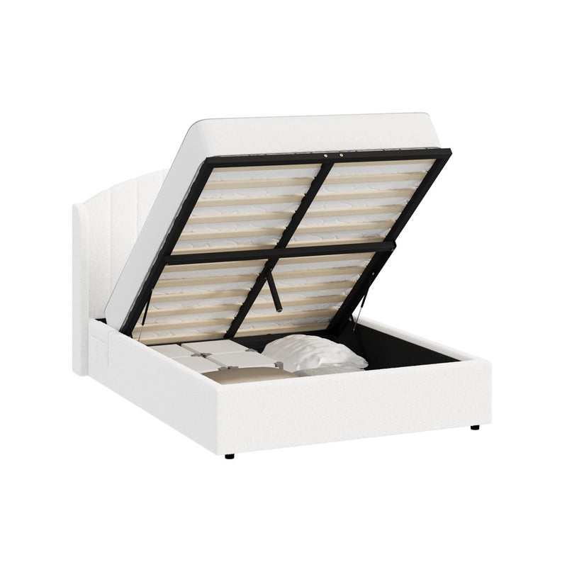 Oikiture Bed Frame Double With Gas Lift Storage USB Charging Boucle