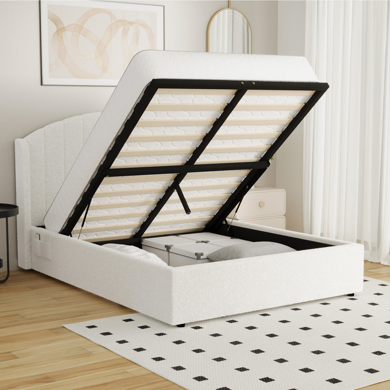 Oikiture Bed Frame Double With Gas Lift Storage USB Charging Boucle