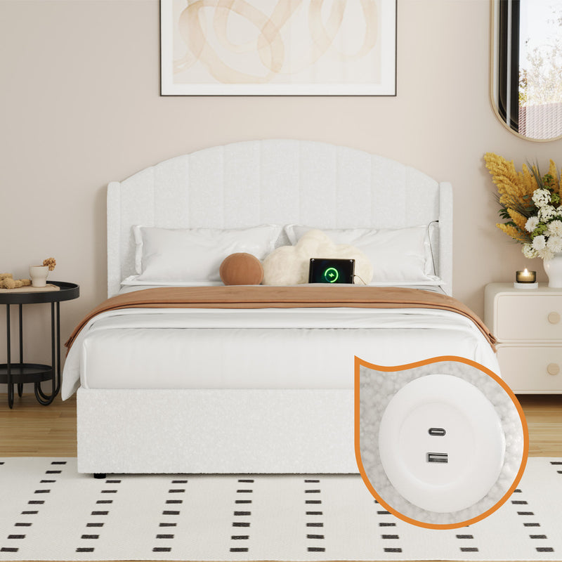 Oikiture Bed Frame Double With Gas Lift Storage USB Charging Boucle