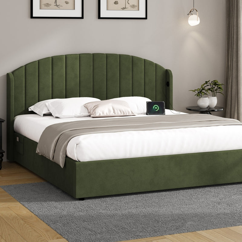 Oikiture Bed Frame King Size With Gas Lift Storage USB Charging Velvet