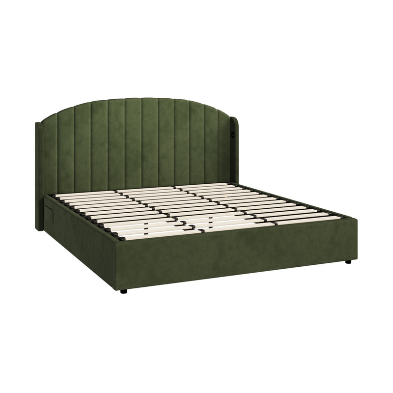 Oikiture Bed Frame King Size With Gas Lift Storage USB Charging Velvet