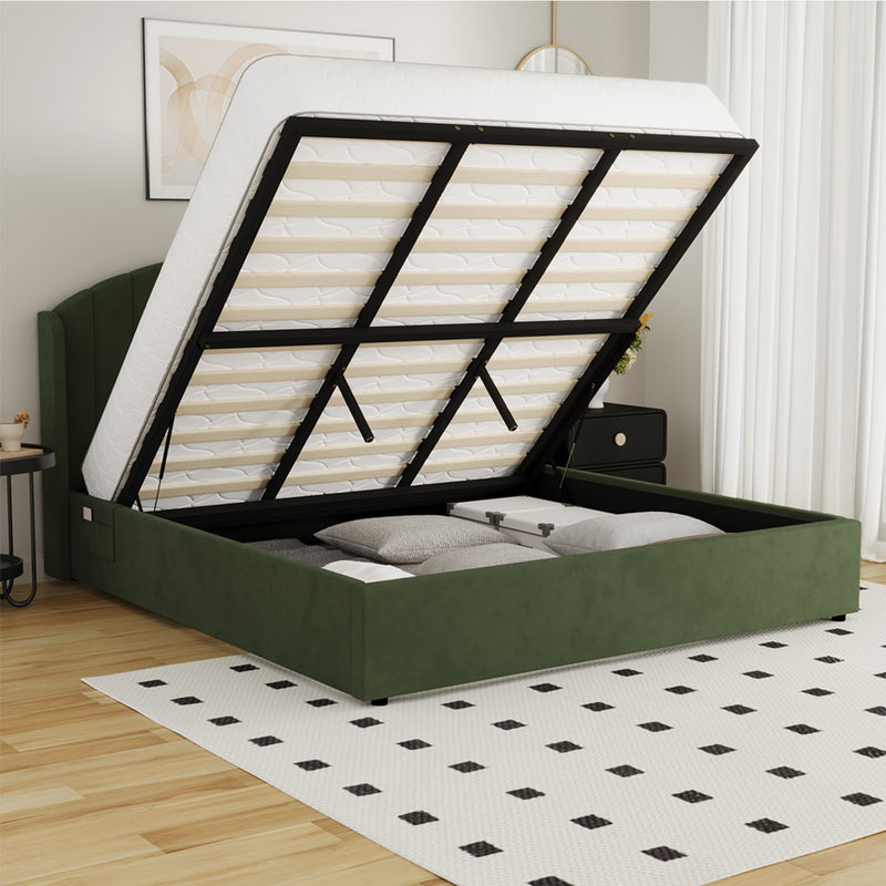 Oikiture Bed Frame King Size With Gas Lift Storage USB Charging Velvet