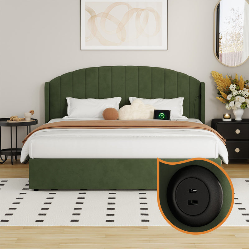 Oikiture Bed Frame King Size With Gas Lift Storage USB Charging Velvet