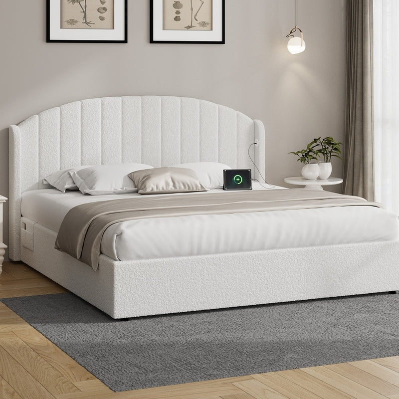 Oikiture Bed Frame King With Gas Lift Storage USB Charging Boucle