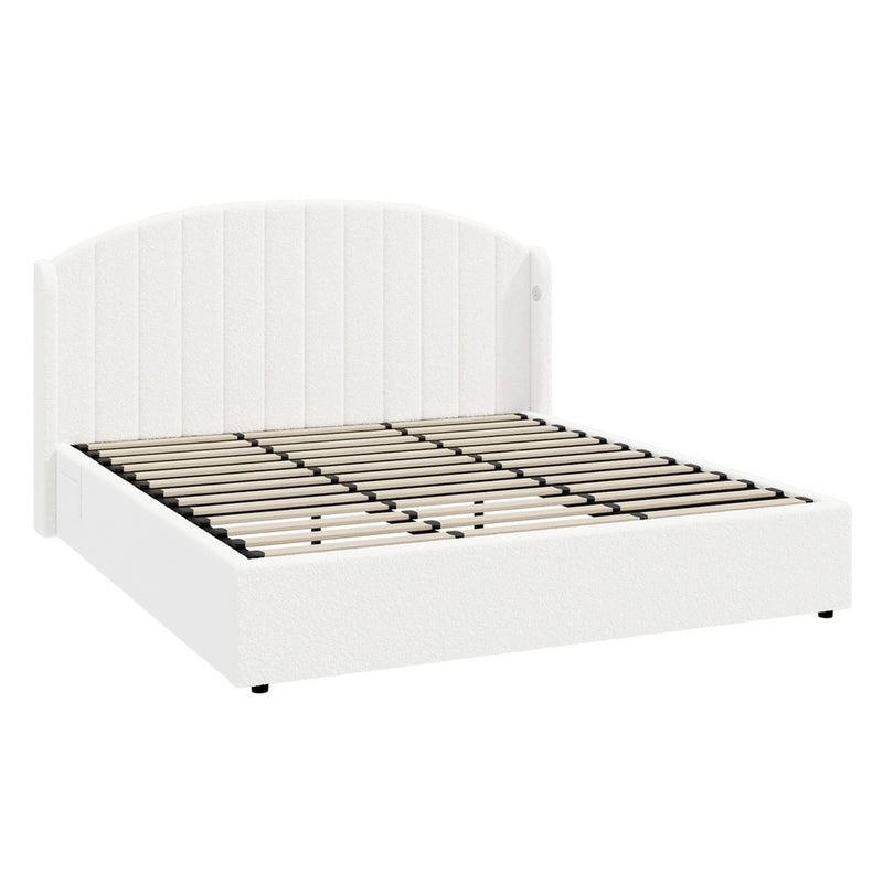 Oikiture Bed Frame King With Gas Lift Storage USB Charging Boucle