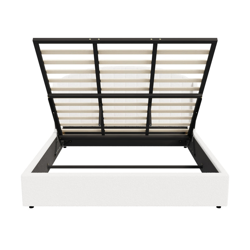 Oikiture Bed Frame King With Gas Lift Storage USB Charging Boucle