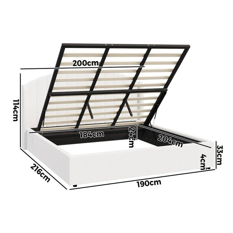 Oikiture Bed Frame King With Gas Lift Storage USB Charging Boucle