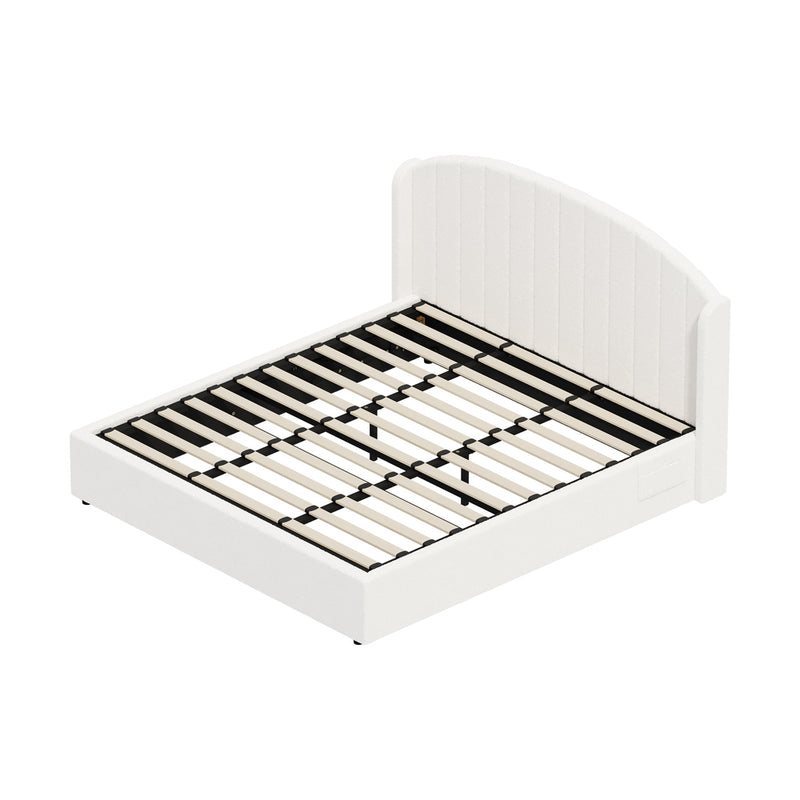 Oikiture Bed Frame King With Gas Lift Storage USB Charging Boucle